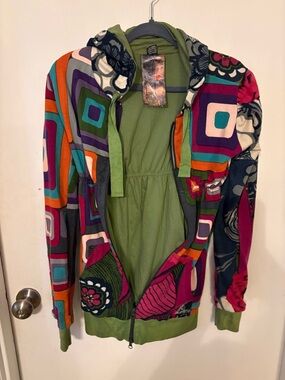 Colorblock Geometric Zip-Up Hoodie - Green Lining